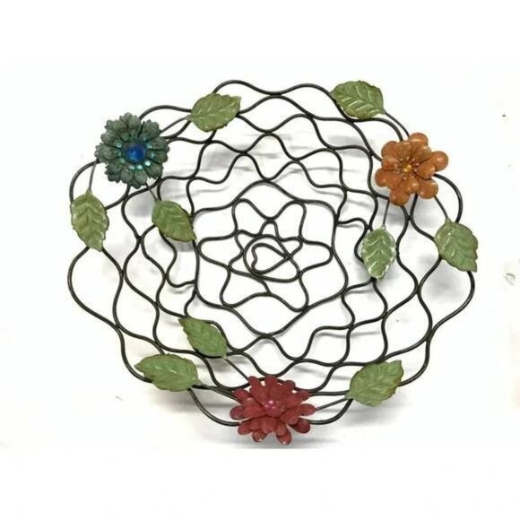 Vintage 1980s Enamel Wire Centerpiece Basket – Bold Floral Accents with Jewels, - Picture 2 of 8
